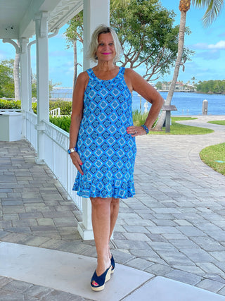 BAHAMA BLUE TURTLE HALTER  RUFFLE DRESS LULU-B