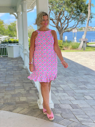 PALM TREE SIESTA HALTER RUFFLE DRESS LULU-B