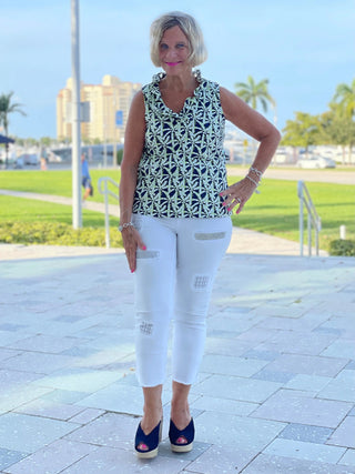GREEN NAVY PALM SLEEVELESS RUFFLE TOP - Cathys Place