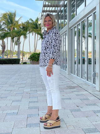 BLACK AND BEIGE 3/25 RUFFLE TOP - Cathys Place