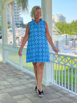 BAHAMA BLUE TURTLE RUFFLE DRESS LULU-B
