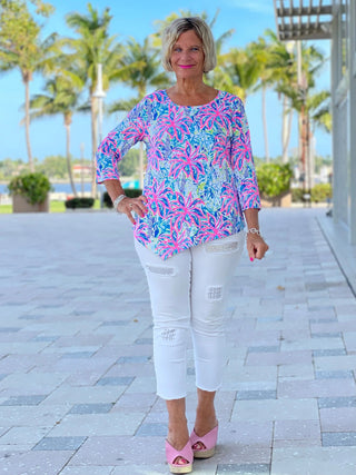 PINK PALM TREE ASYMMETRIC TOP - Cathys Place