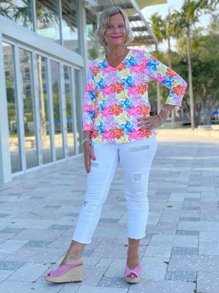 PALM BEACH FLOWER V NECK TOP - Cathys Place