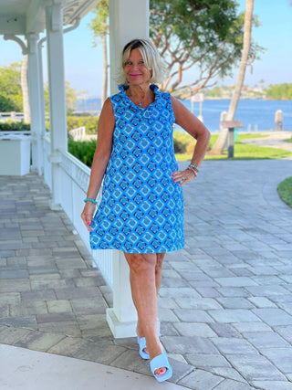 BAHAMA BLUE TURTLE RUFFLE DRESS LULU-B