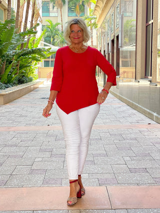 CRIMSON RED ASYMMETICAL TOP LULU-B