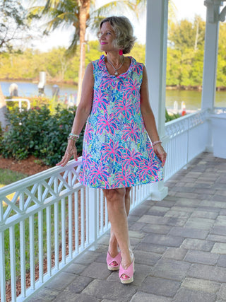 PINK PALM TREE BEACH RUFFLE DRESS - Cathys Place