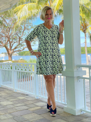 GREEN NAVY PALM ELBOW SLEEVE DRESS - Cathys Place