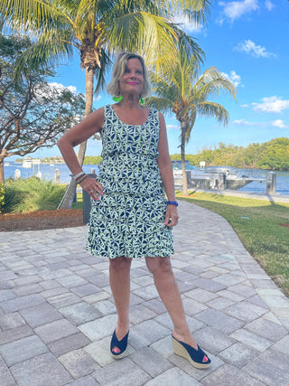 GREEN AND NAVY PALM LAYERED RUFFLE DRESS - Cathys Place