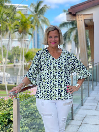 GREEN AND NAVY PALM BELL SLEEVE - Cathys Place