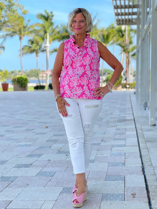 PINK LANE SLEEVELESS RUFFLE TOP - Cathys Place
