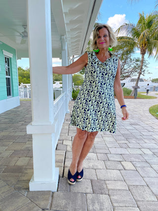 GREEN AND NAVY SLEEVELESS RUFFLE DRESS - Cathys Place