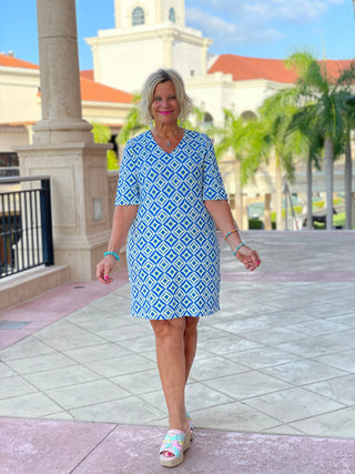 AQUA DIAMONDS ELBOW SLEEVE DRESS LULU-B