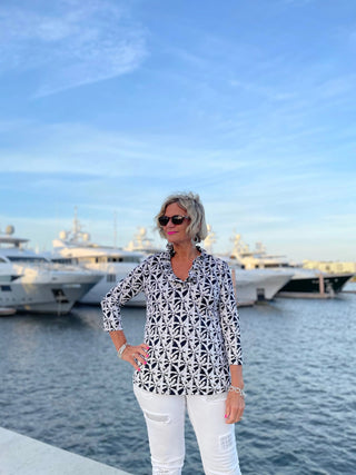 BLACK AND BEIGE 3/25 RUFFLE TOP - Cathys Place