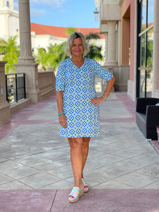 AQUA DIAMONDS ELBOW SLEEVE DRESS LULU-B