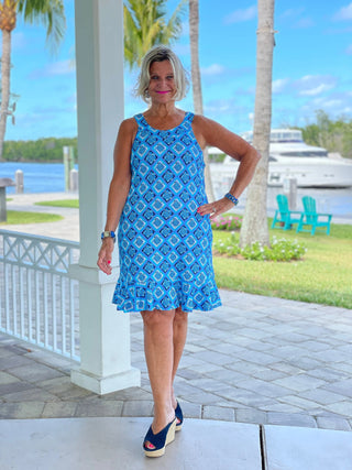 BAHAMA BLUE TURTLE HALTER  RUFFLE DRESS LULU-B