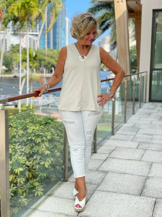 TAILORED STONE V- NECK TOP - Cathys Place