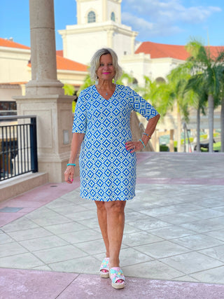 AQUA DIAMONDS ELBOW SLEEVE DRESS LULU-B