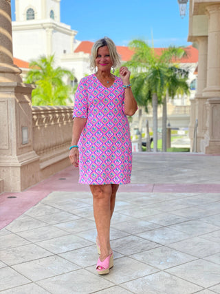 PALM TREE SIESTA ELBOW SLEEVE DRESS LULU-B