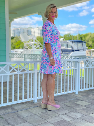 PINK PALM TREE ELBOW SLEEVE DRESS - Cathys Place