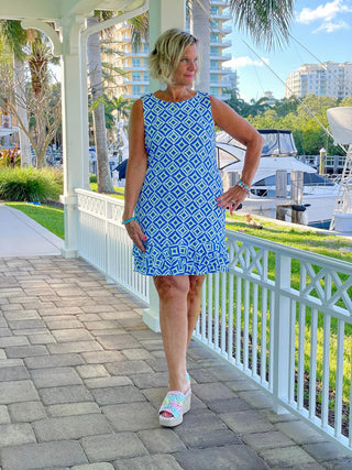 AQUA DIAMONDS SHIFT RUFFLE DRESS LULU-B