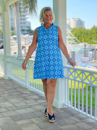 BAHAMA BLUE TURTLE RUFFLE DRESS LULU-B