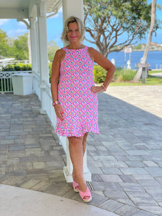 PALM TREE SIESTA HALTER RUFFLE DRESS LULU-B