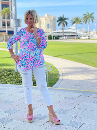 PINK PALM TREE ASYMMETRIC TOP - Cathys Place