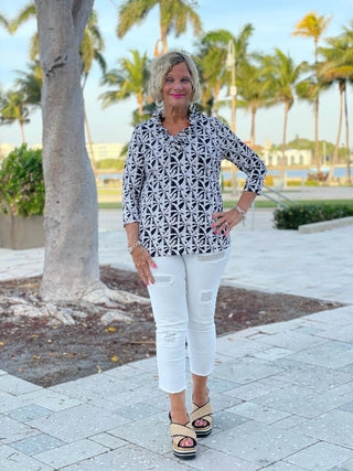 BLACK AND BEIGE 3/25 RUFFLE TOP - Cathys Place