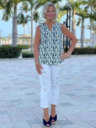 GREEN AND NAVY SLEEVELESS PALM TOP - Cathys Place