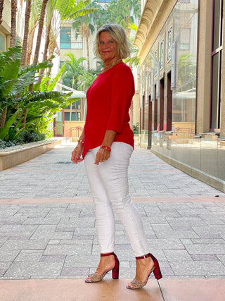 CRIMSON RED ASYMMETICAL TOP LULU-B