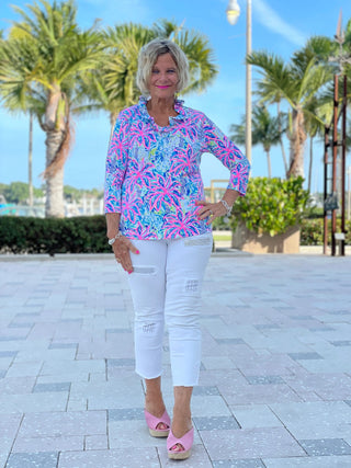 PINK PALM TREE 3/25 RUFFLE TOP - Cathys Place