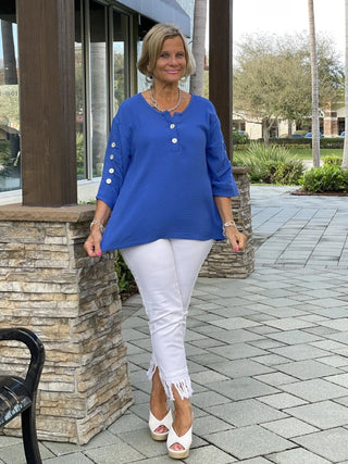 BLUE WAFFLE 3 BUTTON TOP - Cathys Place