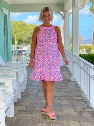 PALM TREE SIESTA HALTER RUFFLE DRESS LULU-B