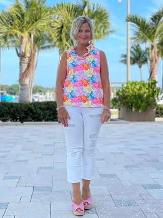 PALM BEACH GARDEN SLEEVELESS RUFFLE TOP - Cathys Place