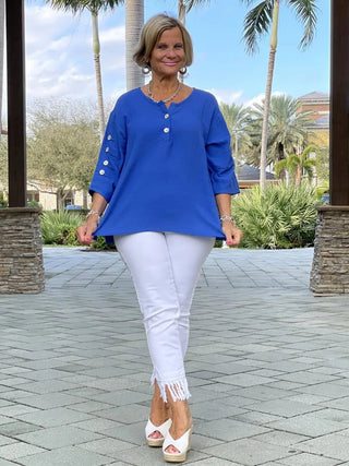 BLUE WAFFLE 3 BUTTON TOP - Cathys Place