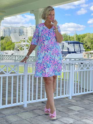 PINK PALM TREE ELBOW SLEEVE DRESS - Cathys Place