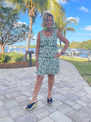 GREEN AND NAVY PALM LAYERED RUFFLE DRESS - Cathys Place