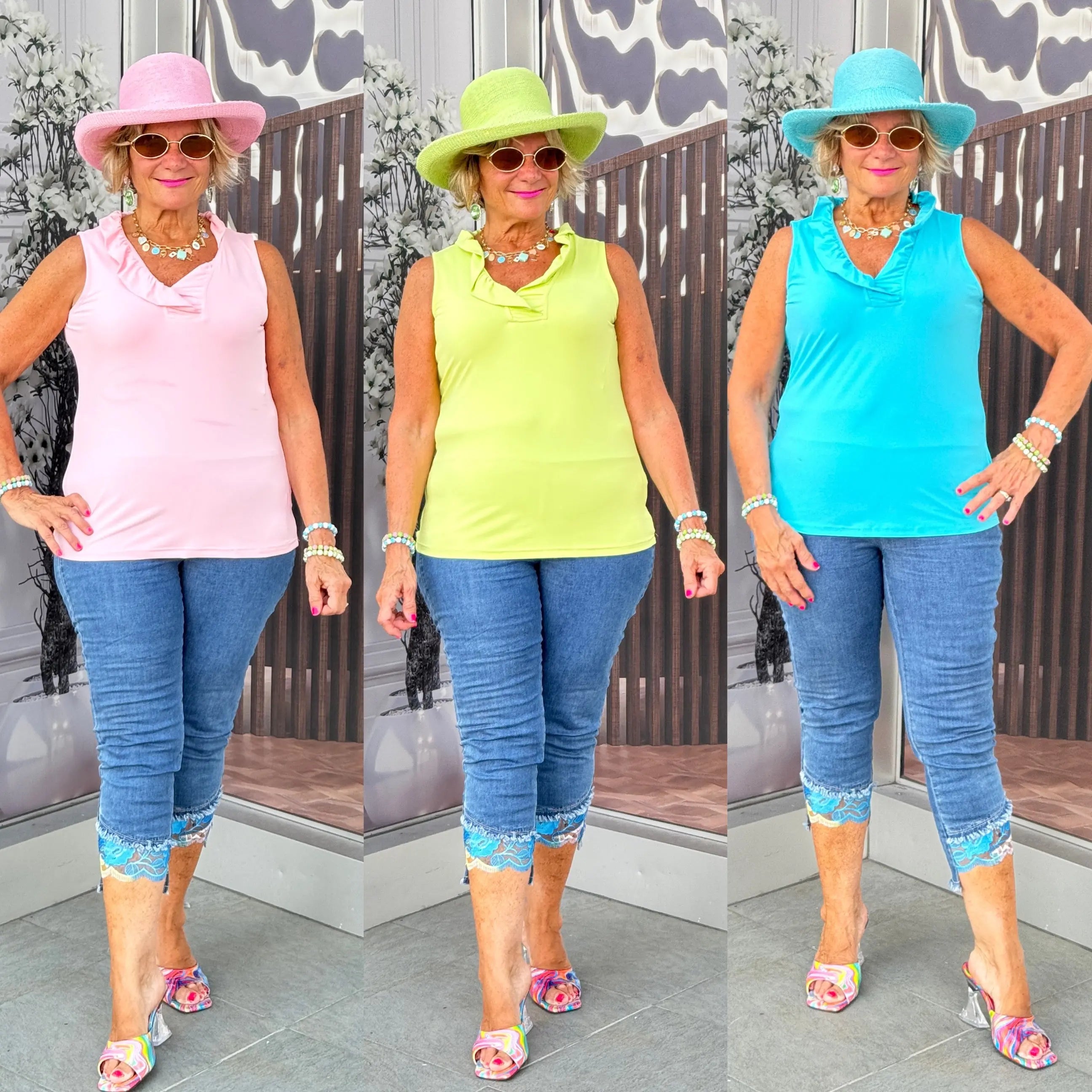 SOLID SLEEVELESS RUFFLE TOPS