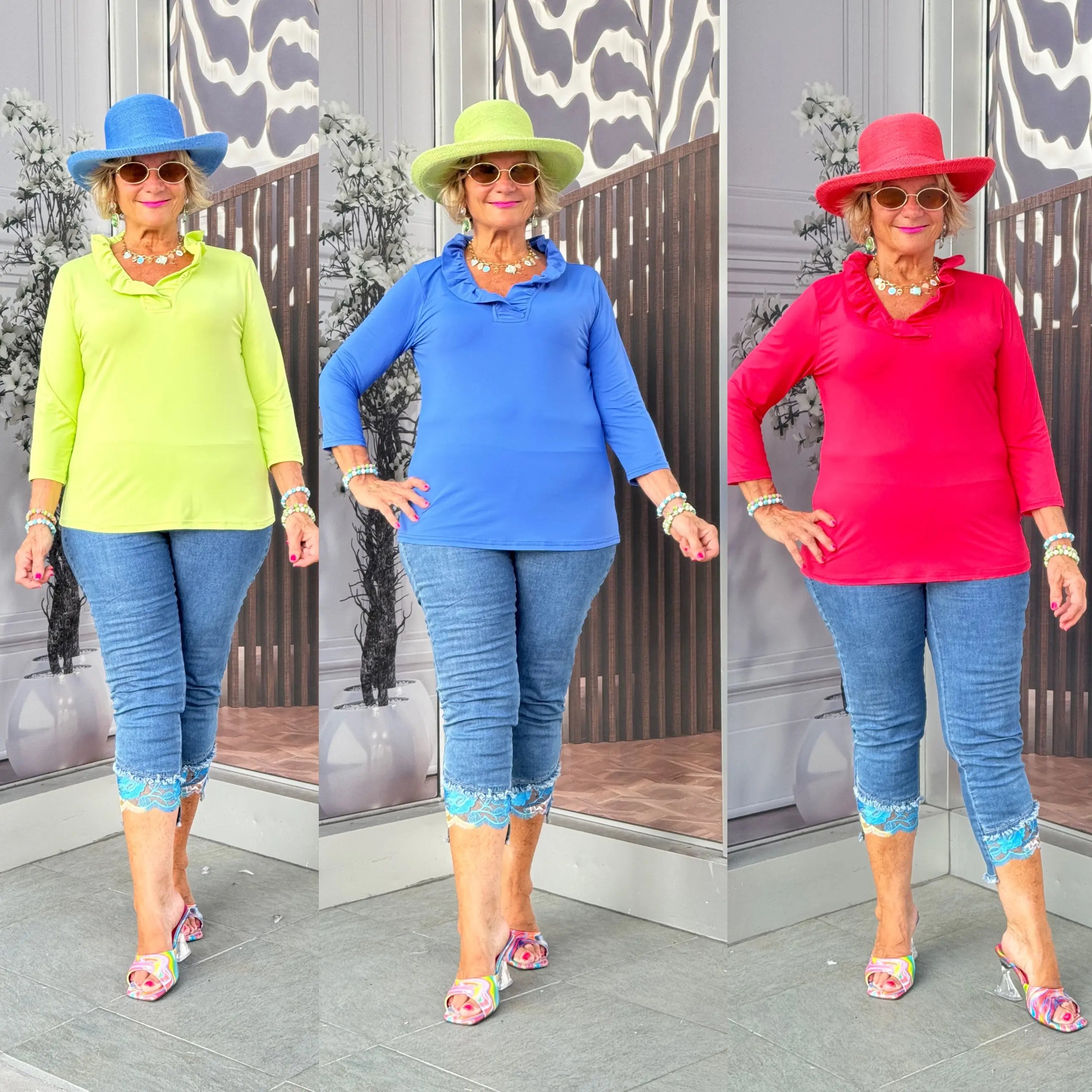 SOLID 3/25 SLEEVE RUFFLE TOPS