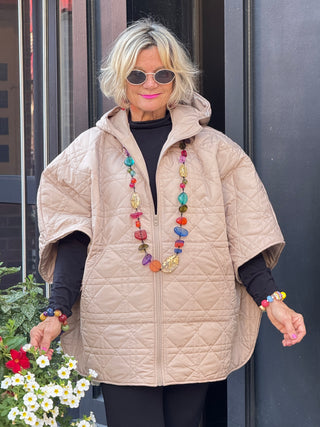 Oversize Quilted Puffer Hood Cape Poncho BEIGE