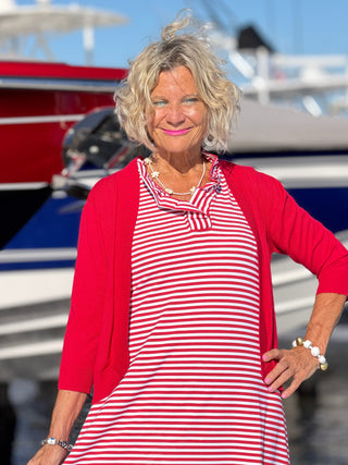 NAUTICAL RED SLEEVELESS RUFFLE DRESS LULU-B