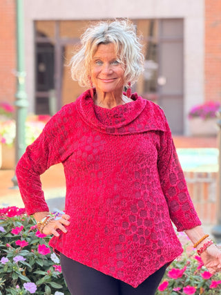 Women's Split Cowl Neck Animal Jacquard Chenille Top RUBY Cathys Place