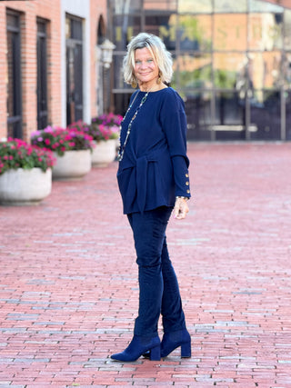 Women's Rib Knit Boat Neck Side Tie Top NAVY Cathys Place