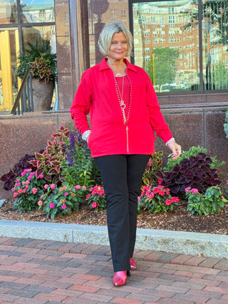 Crystal Zipper Cardigan with Collar Red