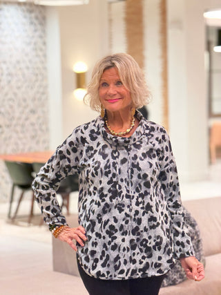 Women's Cozy Leopard Cowl Neck Top BLACK Cathys Place
