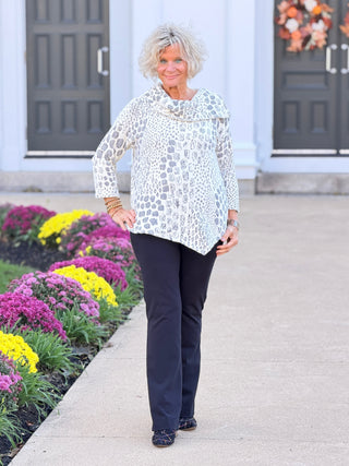Women's Split Cowl Neck Animal Jacquard Chenille Top IVORY Cathys Place