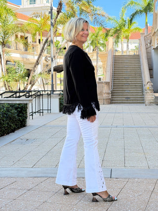 LULU-B  BLACK CASHMERE FRINGE FANCY CARDIGAN LULU-B