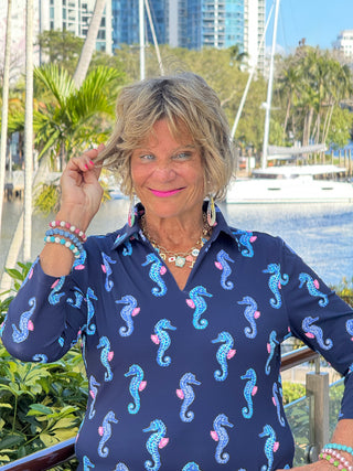 LULU B MIDNIGHT REEF 3/4 SLEEVE V-NECK COLLAR SHIRT