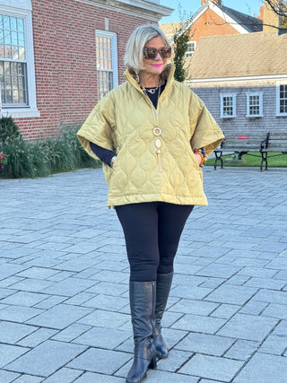 Quilted Short Sleeves Puffer Pullover Poncho Mustard