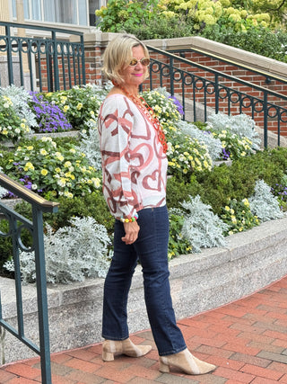One Size Beige Heart Printed Knitted Sweater